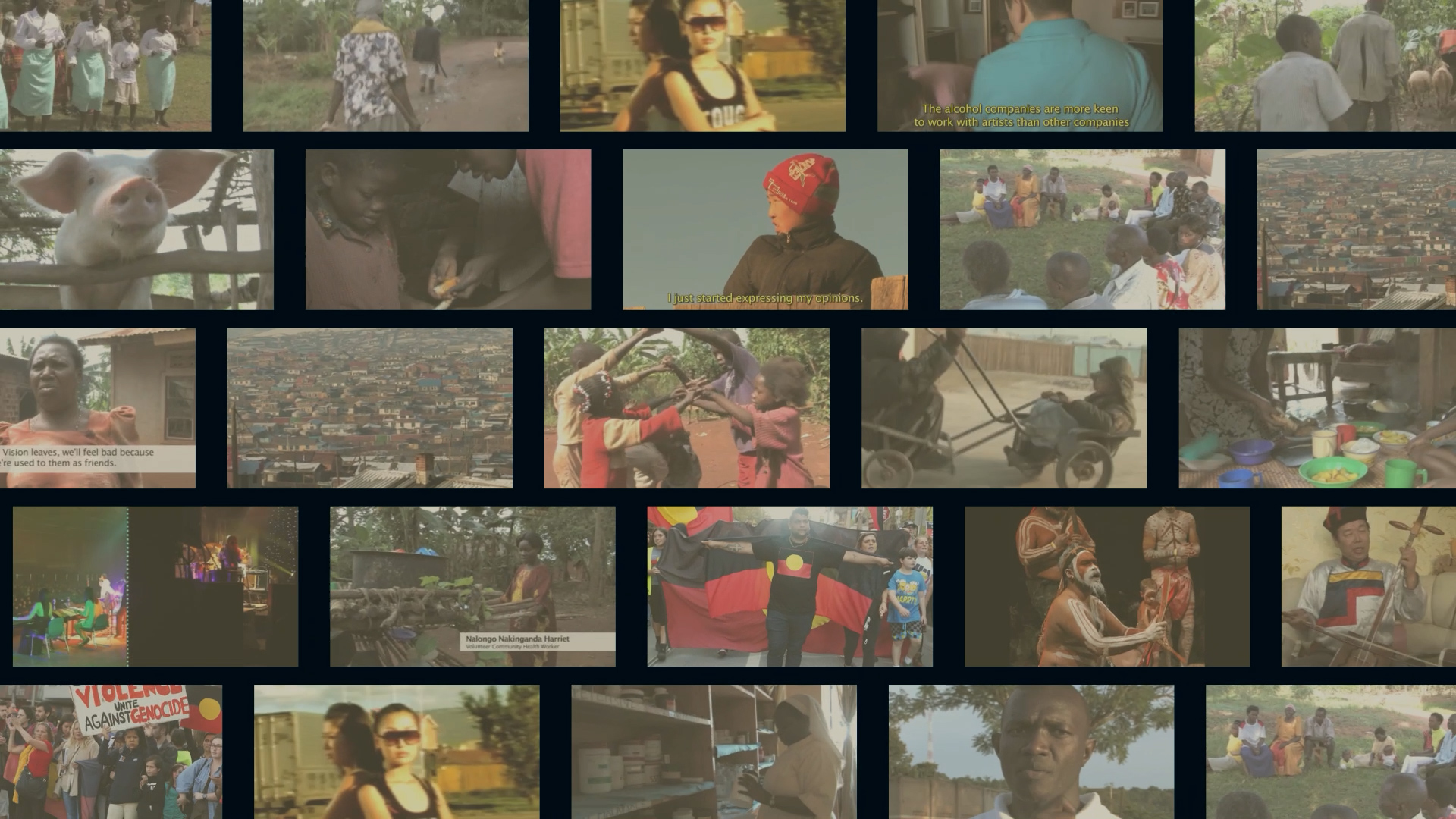 A documentary showreel featuring humanitarian work in Africa, Indigenous rights protests in Australia, community storytelling, social justice activism, children, families, healthcare workers and cultural performances. The reel includes footage from World Vision Australia documentaries, the feature film Mongolian Bling, and advocacy work for Voices of the 3%.
